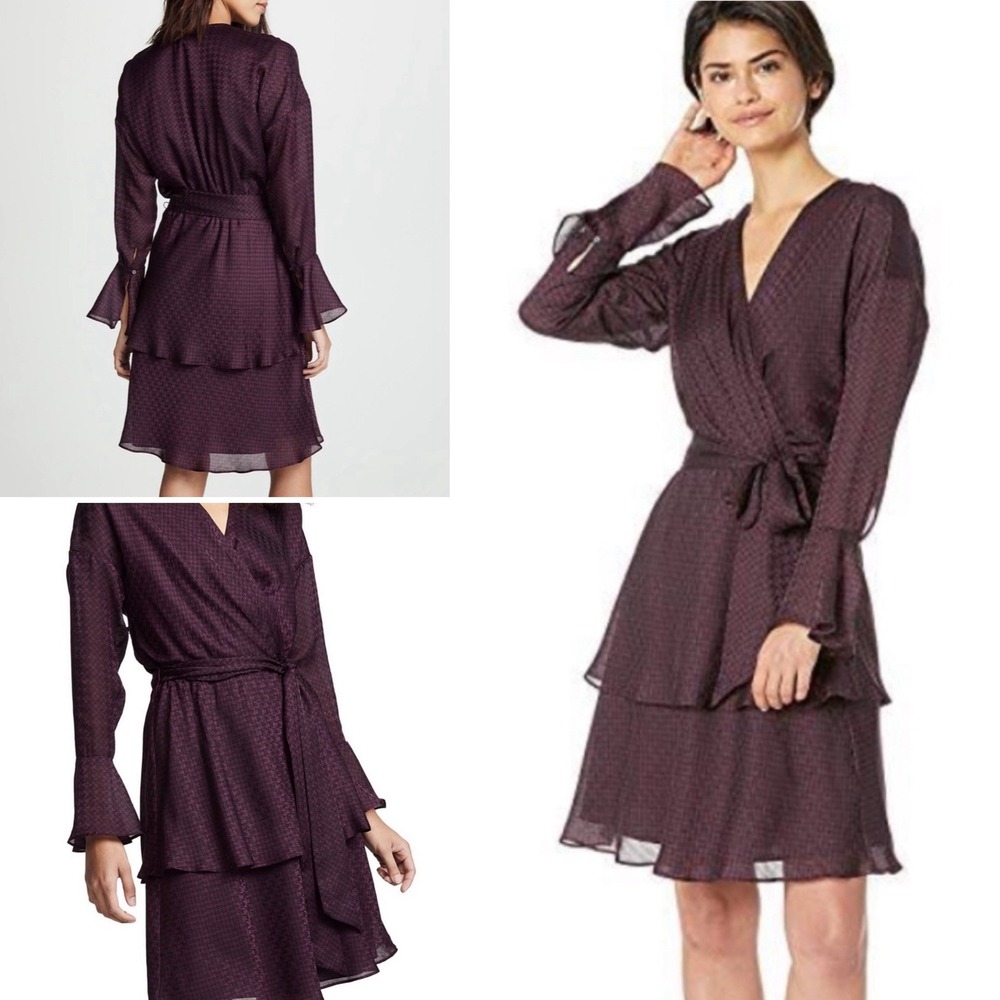 NEW NWT Joie Marcel Blackberry Houndstooth Tiered‎ Long Sleeve Wrap Dress Small